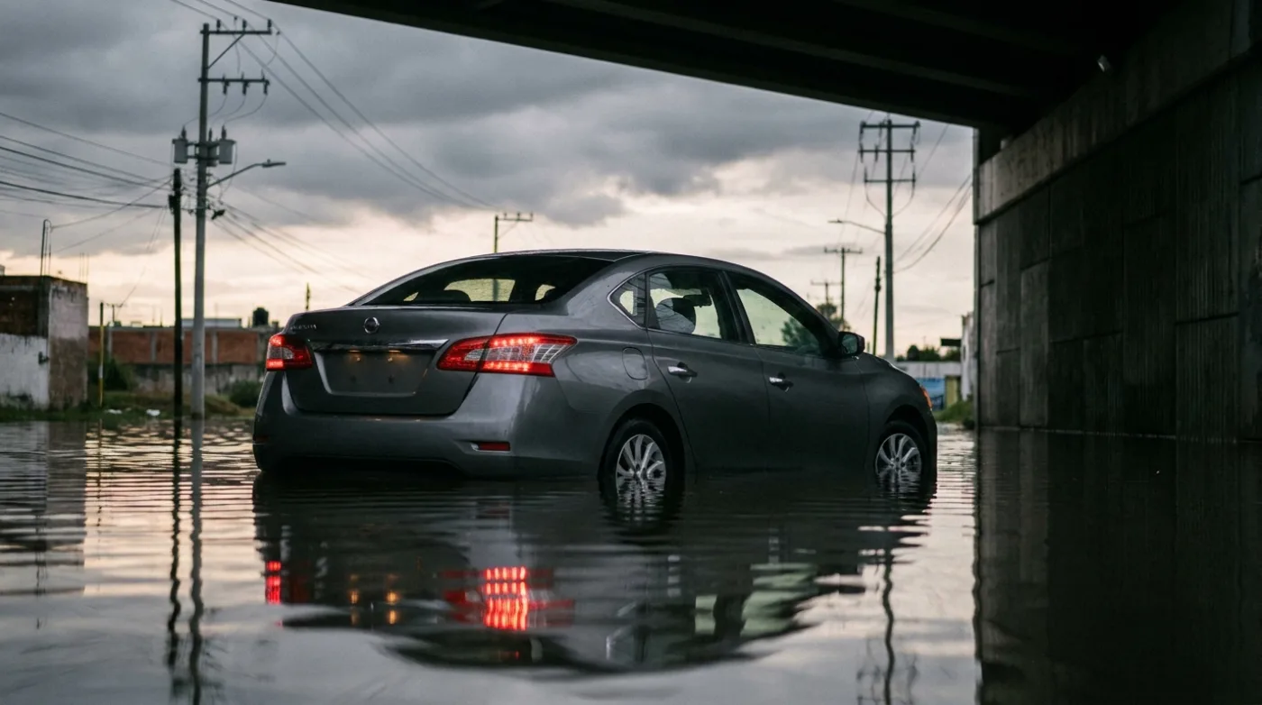 Coche varado en una calle inundada de Puebla tras la tormenta